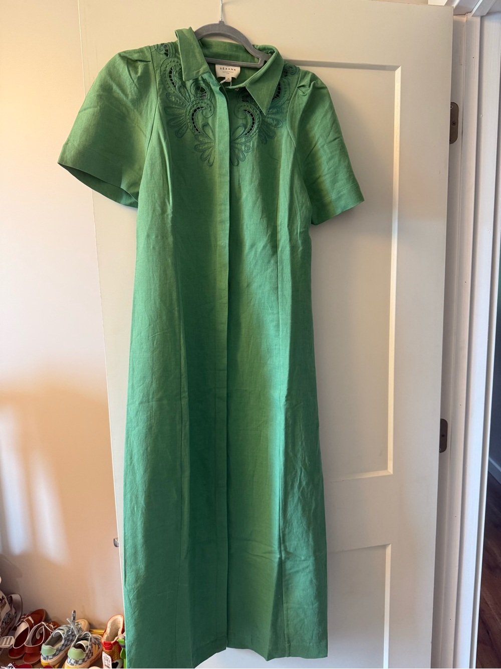 Sezane Emerald Green Linen Embroidered Collar Maxi Dress